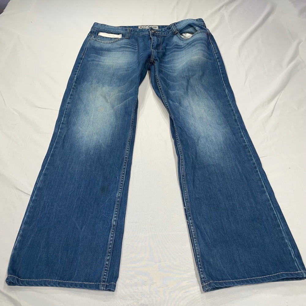 Way Jeans Mens 38 Blue Denim Straight Leg Medium Wash Whiskered Cotton Pants